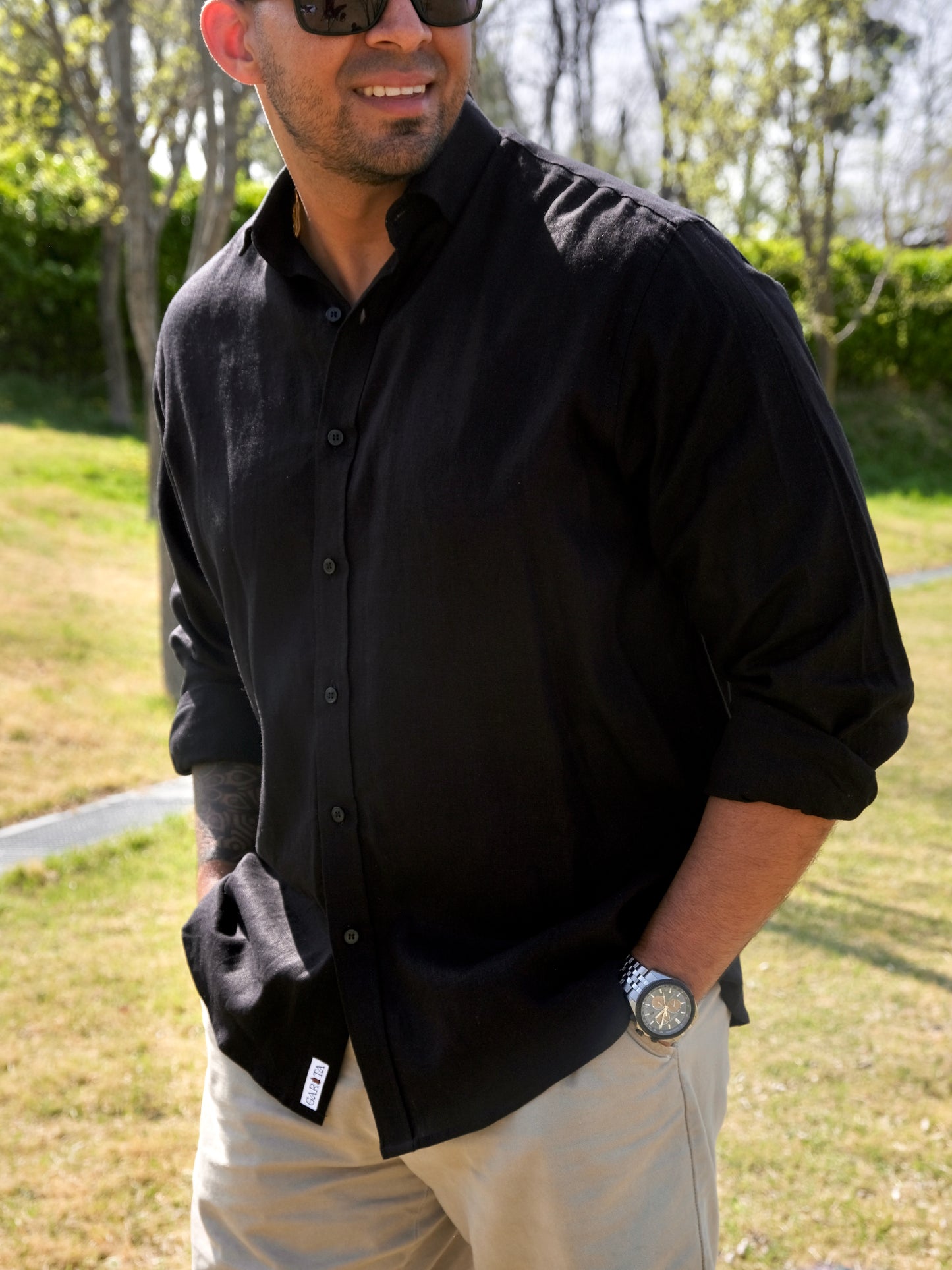 Linen Long Sleeve Shirt - Black